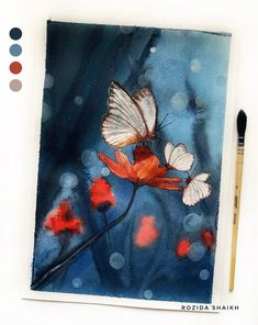 a watercolor painting of three butterflies on a red flower with blue and white background