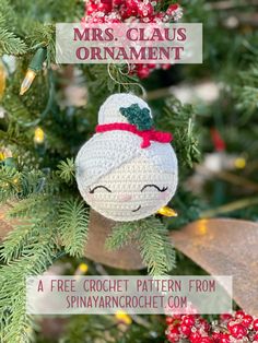 a crochet ornament hanging from a christmas tree with text overlay that reads, mrs claus ornament