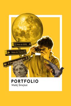 a man holding a camera in front of a yellow background with the words portfolio on it