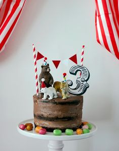 a birthday cake with candles and animals on it