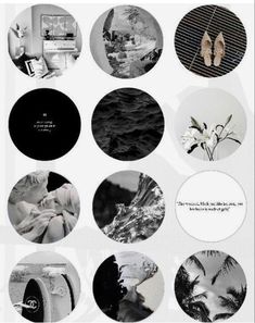 black and white photo collage with various images in circles on the bottom right hand corner