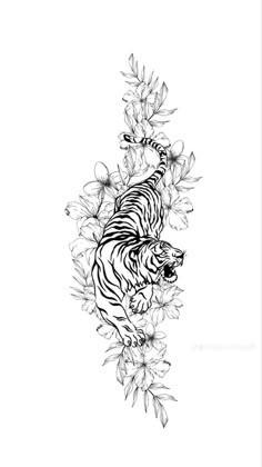 a black and white drawing of a tiger in the wild with flowers on it's back