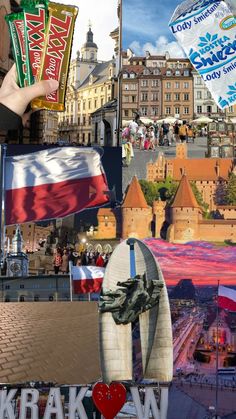 the collage shows many different things in this photo, including flags and buildings with people walking around them