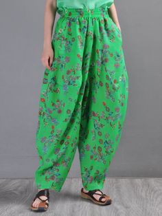 Style: Street Material: Ramie Pattern: Printed Length: Full Length Closure Type: Elastic Silhouette: Harem Gender: Female Season: Spring/Fall #pants #floral #ramie #harempants Baggy Harem Pants For Vacation, Green Bohemian Relaxed Fit Harem Pants, Green Ankle-length Harem Pants For Summer, Relaxed Fit Green Harem Pants, Green Cotton Harem Pants For Vacation, Floral Print Ankle-length Harem Pants, Green Harem Pants With Pockets For Vacation, Baggy Floral Print Pants For Summer, Baggy Summer Pants With Floral Print