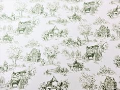 a drawing of houses and trees on a white wallpaper with green trimmings