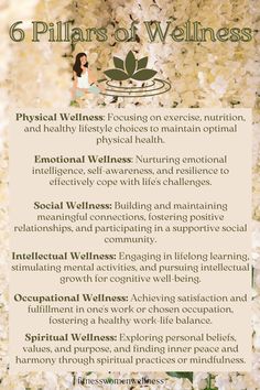 Embracing these six pillars collectively contributes to a well-rounded and vibrant life, promoting a sense of wholeness and fulfillment across various dimensions of well-being.#wellness #health #fitness #healthylifestyle #selfcare #motivation #love #healthy #mentalhealth #lifestyle #yoga #beauty #nutrition #healing #selflove #mindfulness #healthyliving #wellbeing #workout #meditation #skincare #gym #relax #fitnessmotivation #weightloss #spa #fit #life #inspiration Pillars Of Wellness, Women Wellness, Learn Yoga Poses, Selfcare Motivation, Fitness Women, Health And Wellness Coach, Finding Inner Peace