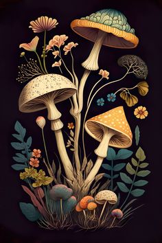 an illustration of mushrooms and flowers on a black background