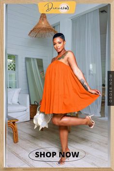 Solid Color Spaghetti Strap Loose Pleated Dresses Day Out Pleated Spaghetti Strap Dress, Chic V-neck Spaghetti Strap Dress For Beach, Casual Pleated Orange Dress, Summer Orange V-neck Beach Dress, Beach V-neck Pleated Mini Dress, Pleated Dresses, Dress Spaghetti, Color Pick, Loose Dress