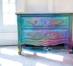 Tanglewood Works Custom Hand Painted Nightstand Whimsical Painted Furniture End Tables, Fantasy Painted Furniture, Bohemian Painted Furniture Ideas, Pastel Painted Furniture, Multicolor Dresser, Diy Nightstand Ideas Repurposed, Multicolored Furniture, Dresser Ideas Diy, Unicorn Spit Furniture