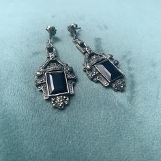 Beautiful marcasite and black onyx Art Deco earrings in 925 sterling silver Classic Onyx Jewelry For Party, Classic Silver Earrings With Gemstone, Elegant Formal Earrings Stamped 925, Sterling Silver Gemstone Jewelry For Evening, Pierced Sterling Silver Jewelry For Evening, Black Sterling Silver Earrings For Formal Occasions, Silver Dangle Jewelry For Evening, Elegant Stamped 925 Earrings For Formal Occasions, Elegant 925 Stamped Earrings For Formal Occasions