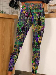 Stretch Multicolor Party Pants, Stretch Multicolor Pants For Party, Multicolor Stretch Pants For Party, Multicolor Leggings For Spring Party, Casual Multicolor Party Pants, Multicolor Printed Party Bottoms, Stretch Multicolor Printed Leggings, Multicolor Printed Stretch Leggings, Mardi Gras Mask