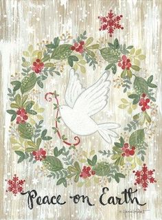 a white dove with holly wreath and peace on earth