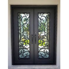 GID thermal break Iron wrought double front doors with one panel glass Wrought Iron Double Doors Front Entry, Double Door Entryway Exterior, Double Exterior Doors Front Entry, Iron Door Design Front Entry, Iron Front Door Double, Iron French Doors, Wrought Iron Entry Doors, Double Front Entry Doors, Wrought Iron Front Door