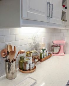 the kitchen counter is clean and ready to be used as an appliance for cooking