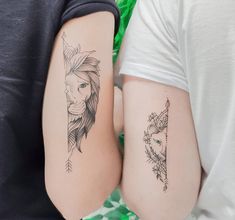 two people with matching tattoos on their arms, one has a lion and the other has a bird