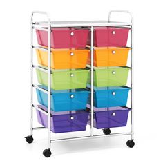 a metal cart with many colorful bins on it