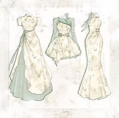 three different dresses are shown on a white background with floral designs in the back and sides