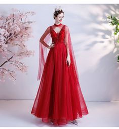 red bridal dress 1227-007 Ruby Aesthetic, Capelet Dress, Red Bridal Dress, Banquet Dress, Hollywood Costume, Sleeveless Denim Dress, Dress Ball Gown, Banquet Dresses, Red Wedding Dresses