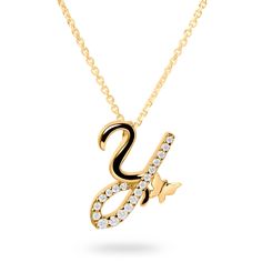 The “Letter Y” pendant necklace features a delicate butterfly and lab-grown diamonds set in white or yellow gold. Available in 10K or 14K white or yellow gold pendants feature a 10K rose gold butterfly Available chain lengths: 16 and 18 inches Set with round lab-grown diamonds, .15 ctw Attention to quality and detail is paramount to Ivy Jewelry Made in New York City Inspiration Timeless. Sentimental. Elegant. The designer added a delicate butterfly to each letter in the series to symbolize a “be Letter Y Necklace, Letter Pendent, Ivy Jewelry, Y Necklace Gold, The Letter Y, City Inspiration, A Beautiful Soul, Gold Pendent, Locket Design