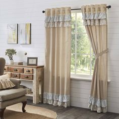 Kaila Gold Stripe Ruffled Lined Panel Curtains 84 - Primitive Star Quilt Shop Vintage Farmhouse Living Room, Cottage Curtains, Cottage Vibes, Striped Room, Vhc Brands, Fairytale Cottage, Striped Curtains, Rustic Romance, Country Curtains