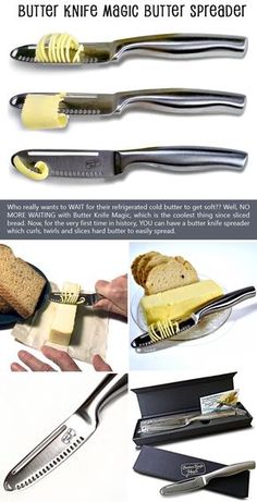 an advertisement for butter knifes and butter spreaders, with images of different tools