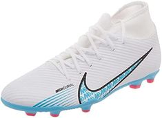 the nike mercurial fg soccer shoe is white and blue