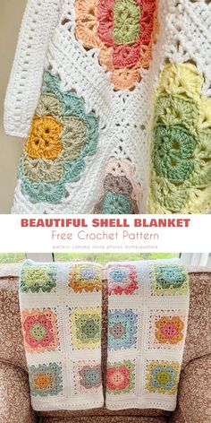 a crocheted blanket with flowers on it and the text, beautiful shell blanket free crochet pattern