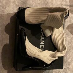 Brand New Chanel Authenticity Guaranteed Sock Style Boots Size 38.5 (I Would Recommend It For A 7.5 Or A Small 8) Chanel Does Run Small Sock Heels, Aesthetic Chanel, Chanel Heels, Sock Boot, Sock Style, Shoes Chanel, Chanel Boots, Black Flame, Fashion Designing