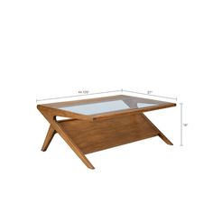 a table with a glass top and wooden legs, measurements for the coffee table are shown