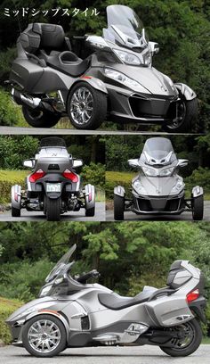 three different views of a silver motorcycle with the top and side seats down, while the bottom