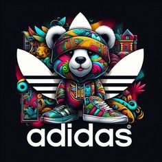 a teddy bear sitting on top of a black background with the word adidas written below it