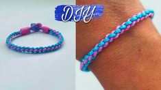 two pictures one with a pink and blue bracelet, the other with a blue and pink braided bracelet