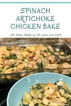 spinach artichoke chicken bake in a blue bowl