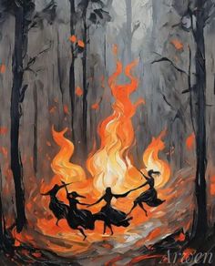 two people are dancing around a fire in the middle of a forest with flames coming from them