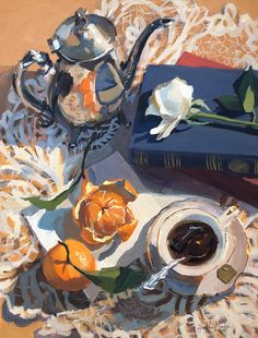 a painting of tea and books on a table