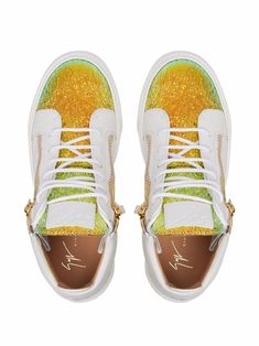 Gold/white/green leather blend Kriss-high-top trainers from Giuseppe Zanotti featuring front lace-up fastening, zip detail, metallic finish and flat rubber sole. | Giuseppe Zanotti Kriss-high-top sneakers Green Leather, Hoka Running Shoes, Sneakers White, Giuseppe Zanotti, Lace Front, High Tops, High Top Sneakers, White Gold, Lace Up