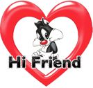 a heart with the words hi friend on it and a cartoon cat in the middle