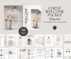 an open brochure with flowers in vases and the words client welcome packet