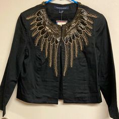 New With Tags French Connection Super Cute Black Jacket With Sequined, Beaded And Faux Leather Detailing. Clasp Closures Down The Front. Wing Design Around Collar. Black Embellished Fall Blazer, Embellished Black Blazer For Fall, Black Embellished Long Sleeve Outerwear, Wing Design, Leather Detailing, Wings Design, Light Jacket, French Connection, Black Jacket