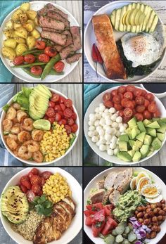 four pictures show different types of food on plates