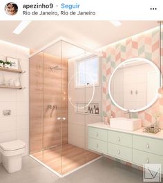 the bathroom is decorated in pastel colors and has a round mirror over the sink