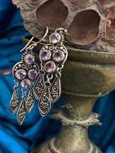 AMETHYST EARRINGS Drop & Dangle 925 Silver 8 Faceted - Etsy Bohemian Amethyst Chandelier Earrings Gift, Bohemian Sterling Silver Gemstone Chandelier Earrings, Bohemian Purple Sterling Silver Earrings, Om Pendant, Silver Work, Silver Shop, Earrings Drop, Amethyst Earrings, Earrings Vintage