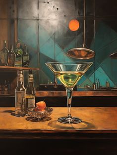 a painting of a martini glass with an orange on the table next to it and bottles