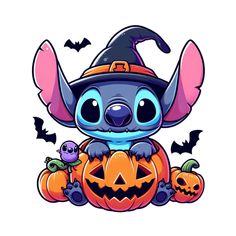 a cartoon character in a witches hat sitting on top of a pumpkin with bats around it