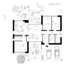 the floor plan for a house with three rooms and one car parked on the other side