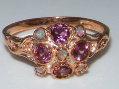 Unusual English 9K Rose Gold Natural Pink Tourmaline & Colorful Opal Dainty Ring, Unique Victorian S Victorian Style Rings, Zierlicher Ring, I Love Jewelry, Ring Unique, Dainty Ring, Victorian Style, Cluster Ring, Pink Tourmaline, Victorian Fashion