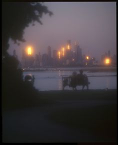 two people riding horses in front of a city at night