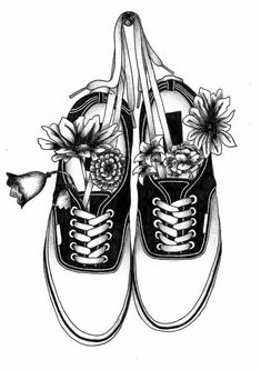 black and white drawing of shoes with flowers on the laces, tied to strings