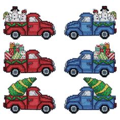 four different cars with christmas decorations on them