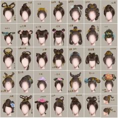 many different types of hair with bows and buns on top of each head, all in